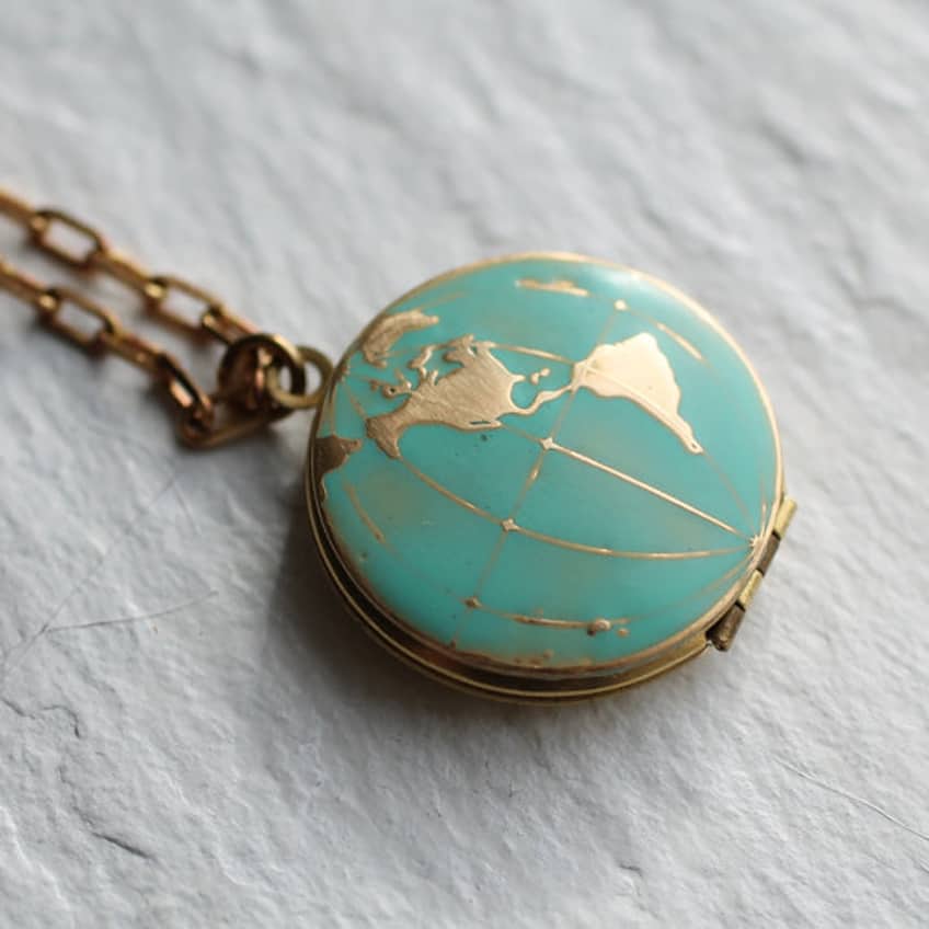 World Map Locket... Vintage Brass Globe Traveller